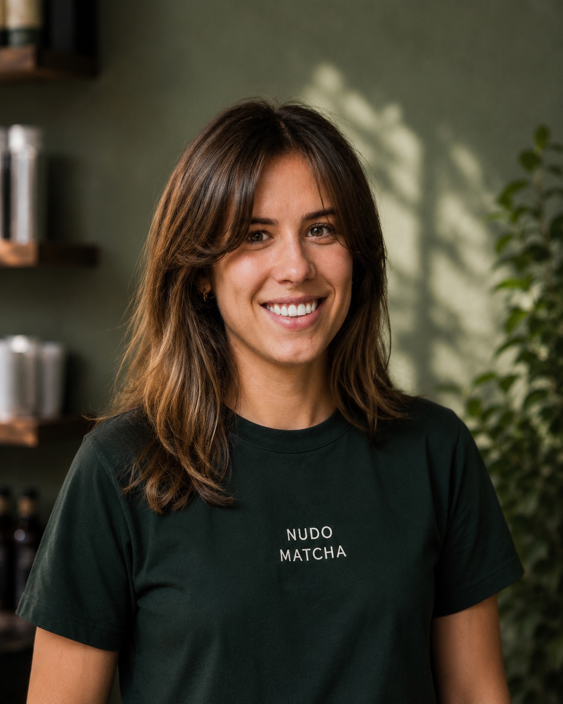 Gesa, Mitgründerin von Nudo Matcha, im dunkelgrünen Nudo-Matcha-T-Shirt