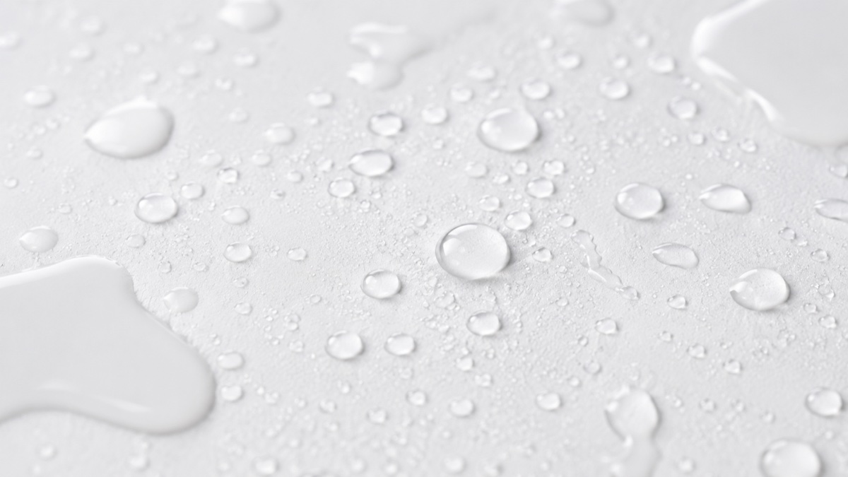 Klare Wassertropfen auf heller Oberfläche in Nahaufnahme